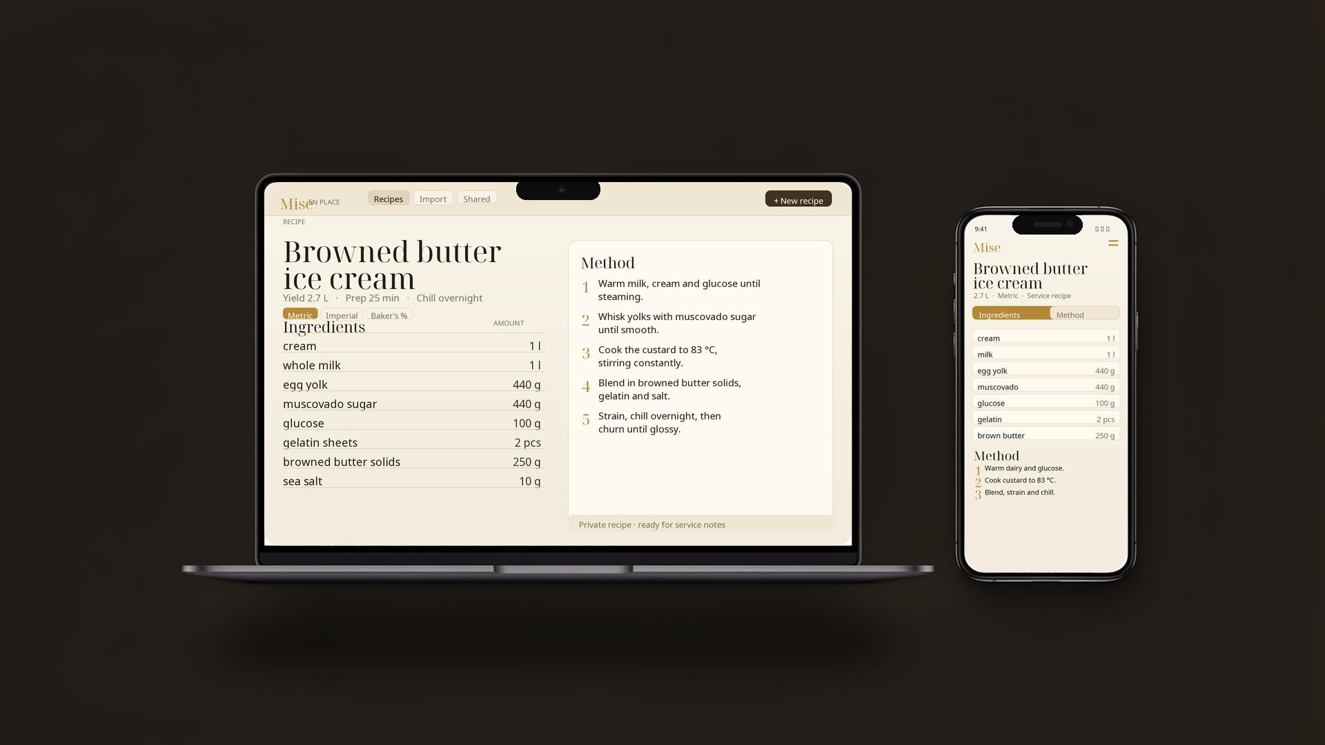 Mise recipe book shown on laptop and phone